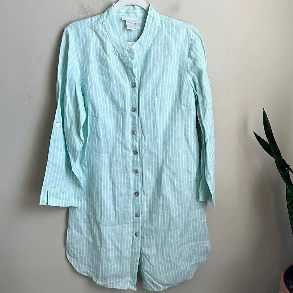 Soft Surroundings Green & White Striped Linen Dress M